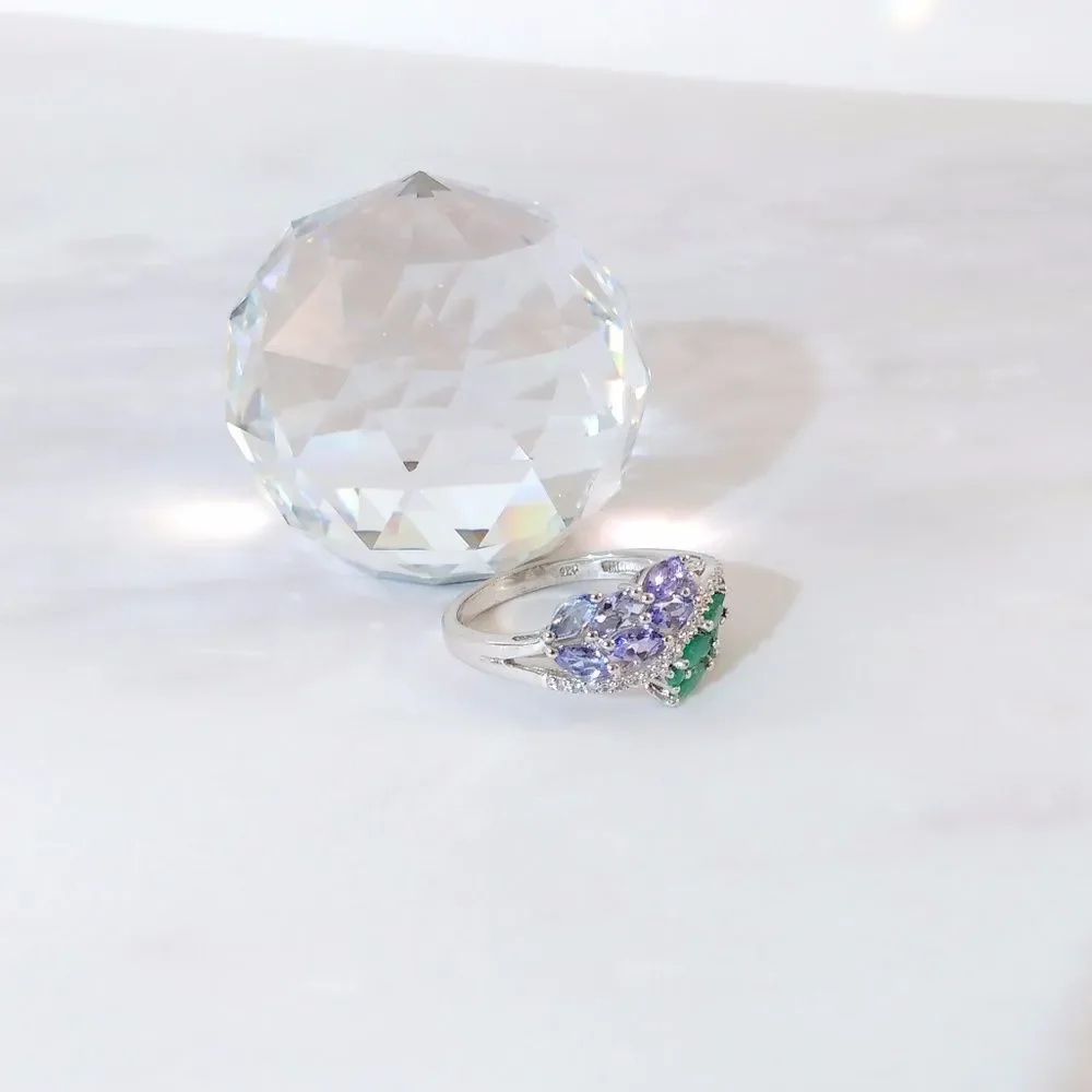 Emerald and Tanzanite and Topaz Bypass Ring Size 9